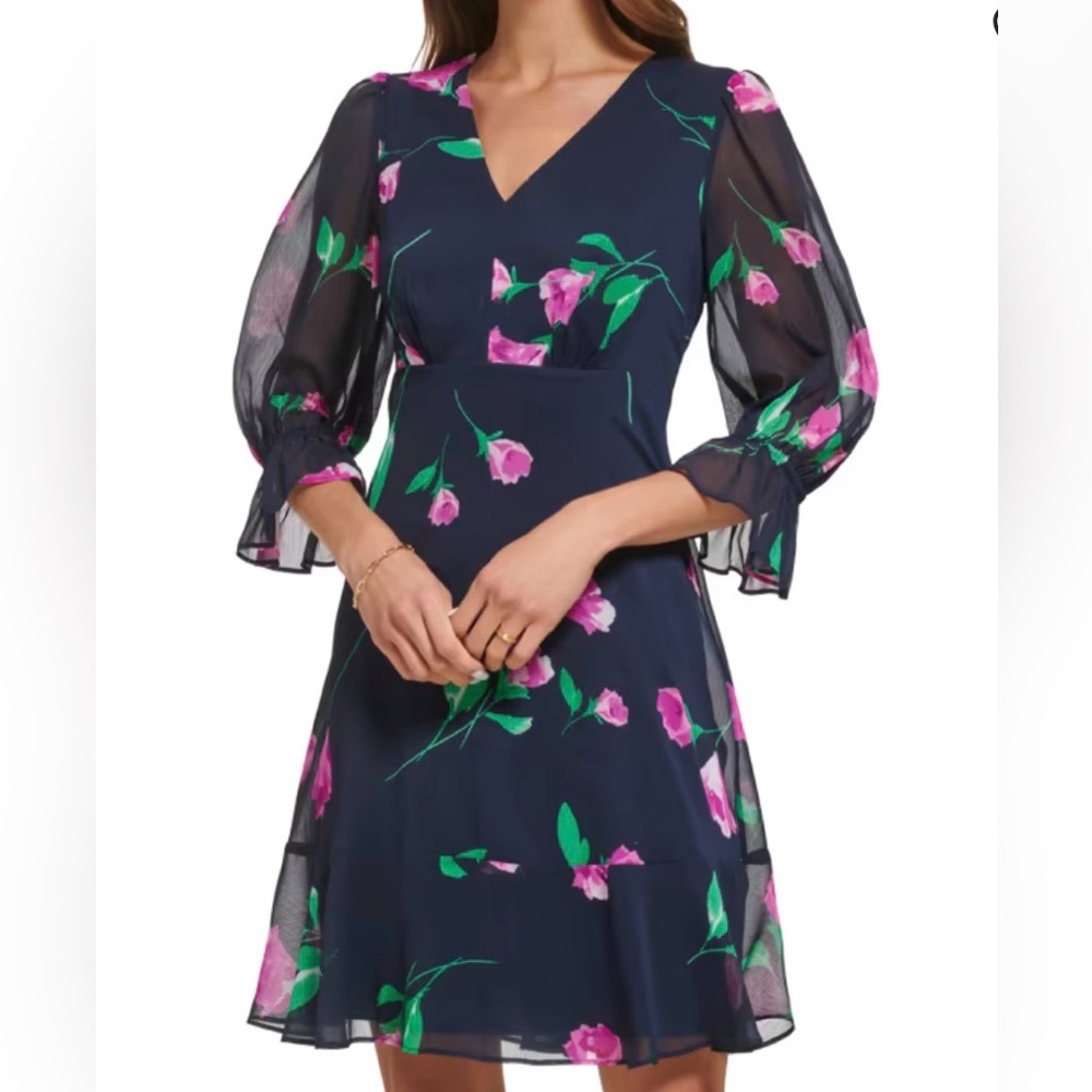NWT DKNY Floral Fit & Flare Navy with Sheer Sleeves Minidress Size 8